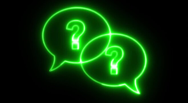 Glowing Neon Question Mark Chat Bubble Icon Customer Support FAQ Communication Symbol on Black Background