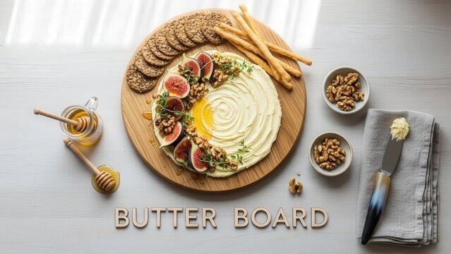 Overhead flat lay of a gourmet butter board with figs and honey on a wooden board with a wooden text label