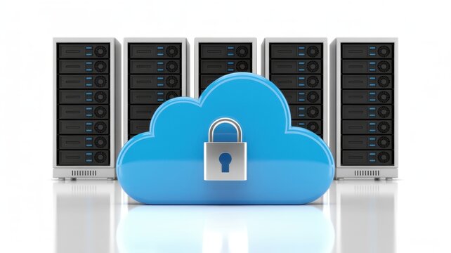 Cloud Computing Security Concept with Padlock and Server Racks on White Background