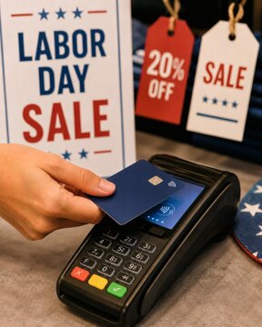 Hand Holding Payment Card Over Card Reader During Labor Day Sale Promotion