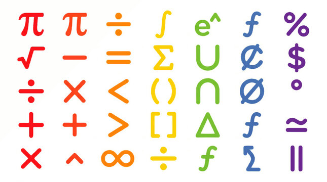 Colorful collection of mathematical symbols and equations on white background