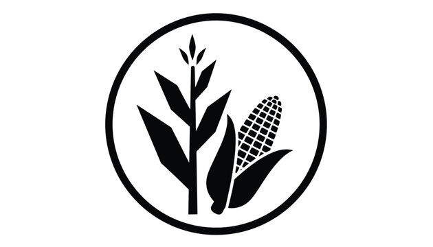 Circular emblem showing a silhouette of a corn stalk and a ripe ear of corn representing agriculture and farming.
