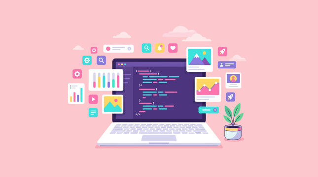 Modern Web Development Illustration featuring a laptop with code and floating UI icons. Ideal for software engineering blogs and tech startup websites.