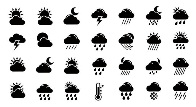 Collection of weather icons featuring sun, clouds, rain, snow, wind and storm variations for graphic resources.