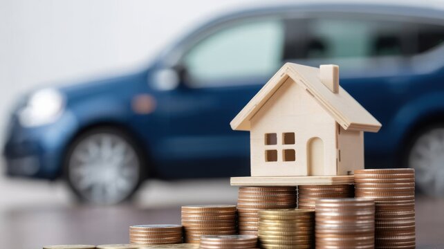 Miniature house model on coins stack representing property investment and savings
