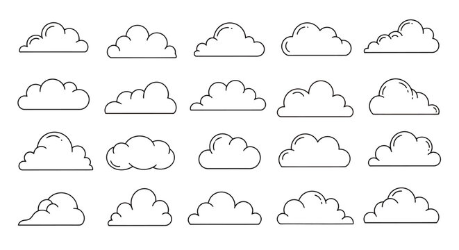 Set of simple outlined cloud icons for design use.