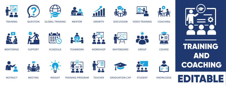 Business training and coaching vector icon set. Education, e-learning, mentorship, and teamwork concepts. Editable flat glyph illustrations.
