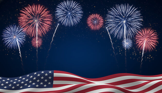 Bright colorful fireworks over the american flag background