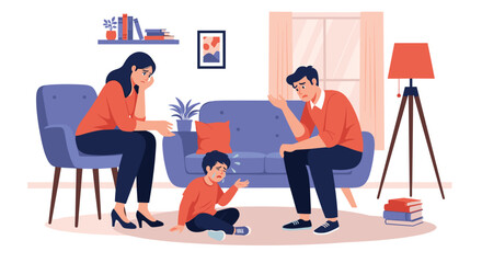 Fototapeta premium Depressed parents sitting on a sofa and armchair while their young child cries on the floor in a living room setting.