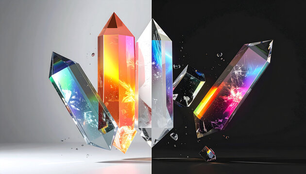 Abstract composition of iridescent crystalline structures, half vibrant with warm hues and half dark with cool reflections, symbolizing duality and transformation