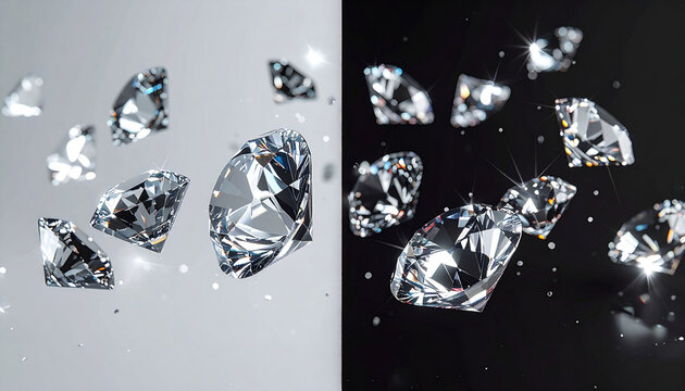 Sparkling faceted diamonds floating against contrasting light and dark backgrounds, showcasing their brilliance.