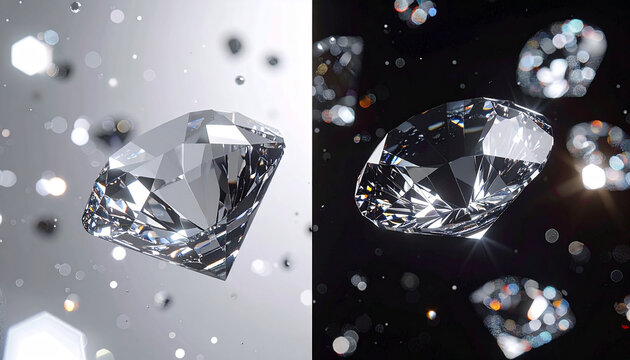 Brilliant Cut Diamond Gemstone Displayed on Contrasting Light and Dark Backgrounds with Bokeh Effect