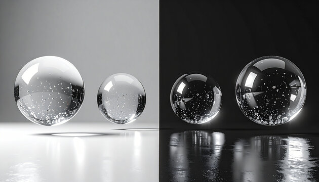 Abstract Glass Spheres Floating Above Split Black and White Surfaces Reflecting Minimalist Light and Texture