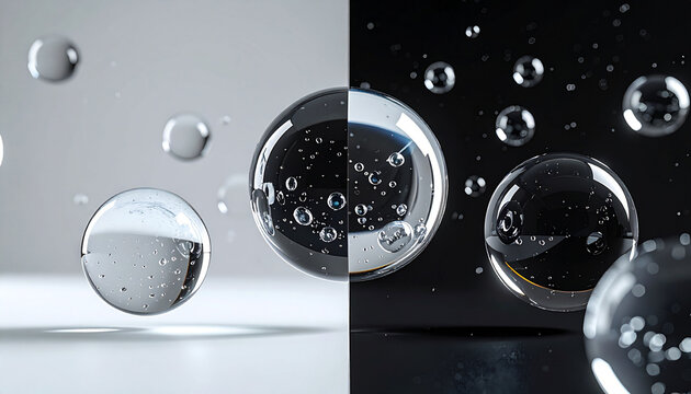 Close-up of clear water droplets suspended in a split light and dark environment, showcasing reflections and refractions.