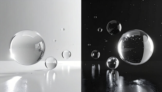 Abstract Composition Featuring Transparent Glass Spheres Floating Above Split Contrasting Light and Dark Reflective Surfaces
