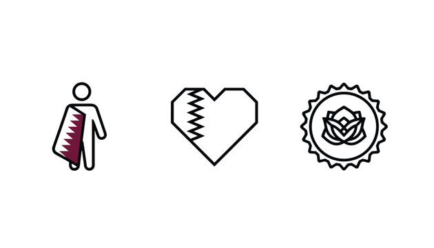 Collection of national icons for Qatar including a heart with flag pattern and a state emblem on a white background.