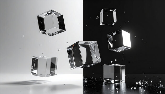 Floating Transparent Glass Cubes Against a Dynamic Black and White Split Background
