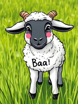 Sheep says "Baa" hand drawn illustration with green grass background, pastures, whimsical