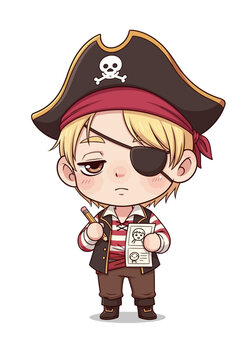 Cartoon pirate character with eye patch and hat.