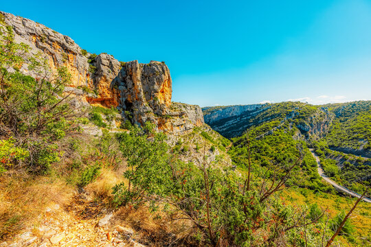 Panoramic view of the deep Cikola River canyon from the lookout point, Krka National Park area, Dalmatia, Croatia.
