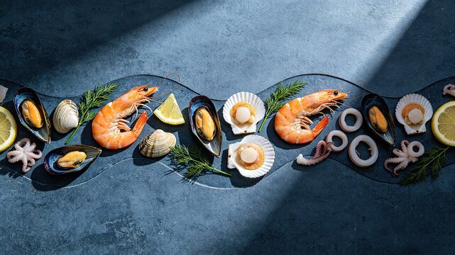 Dark Blue Slate Flat Lay Raw Mixed Seafood Arrangement, King Prawns, Mussels, Clams, Scallops, Baby Octopus, Lemon and Dill Sprigs
