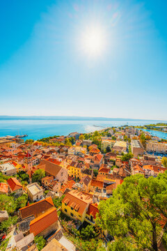 Omis old town and the Adriatic sea from the historic Mirabella fortress, terracotta roofs and the Cetina river in Croatia.