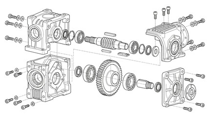 Obraz premium Exploded view of worm gear reducer assembly with components