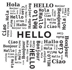 Hello - Bonjour - Hallo - Hola - Ciao, Nuage de Mots, Noir et Blanc, Vecteur © Artellia