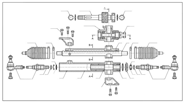 Exploded view diagram of an automotive steering rack and pinion