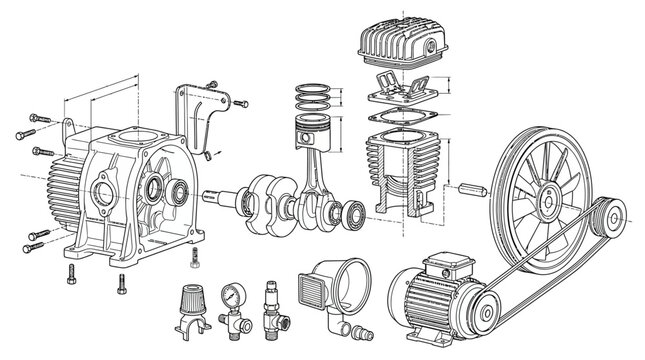 Exploded diagram of air compressor pump and motor assembly