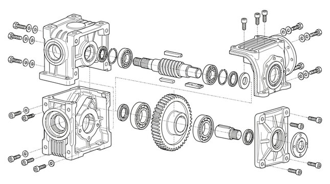 Exploded view of worm gear reducer assembly with components