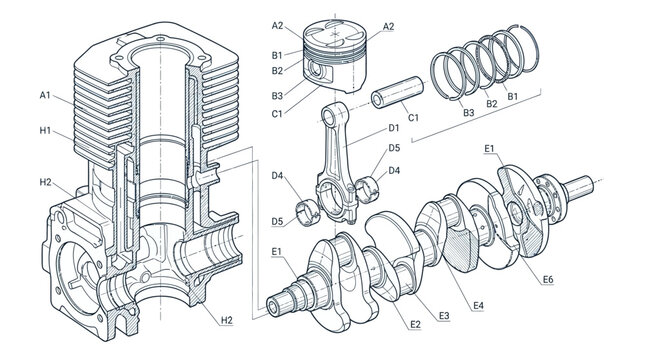 Engine piston and crankshaft assembly technical diagram
