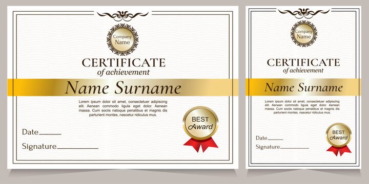 Luxury vector certificate of achievement templates set with elegant gold header and ornate border. The set consists of a horizontal and a vertical template.