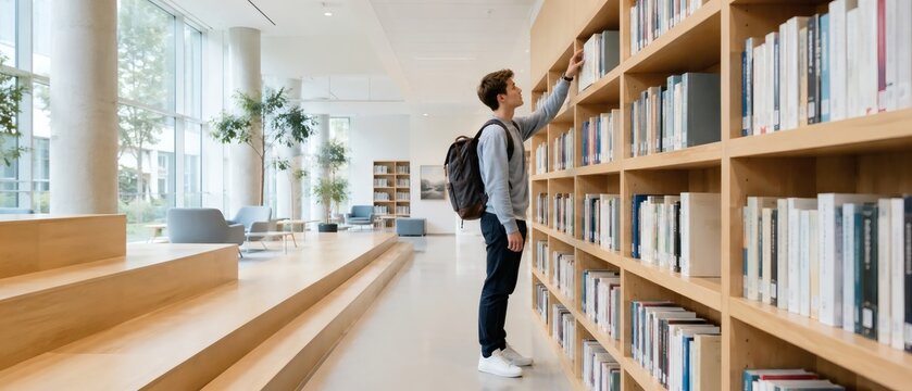Modern library interior with natural light and wooden seating