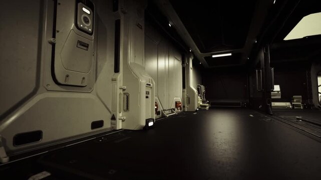 Dim futuristic corridor interior with metallic panels, low ambient lighting and glossy industrial floor. Sparse control boxes and access hatches line walls,