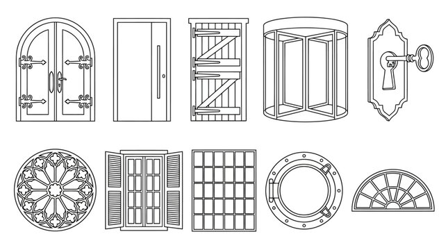 A collection of various door and window designs in line art style
