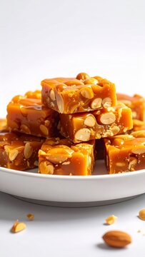 Traditional Indian peanut chikki jaggery brittle bars stacked on a white plate