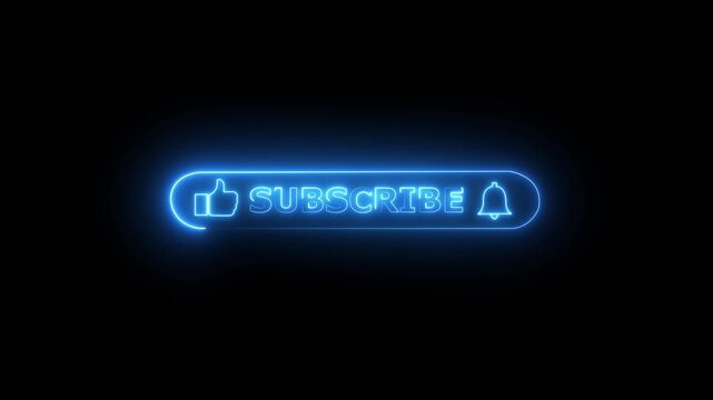 Neon blue subscribe button animation with like and notification bell for social media glowing