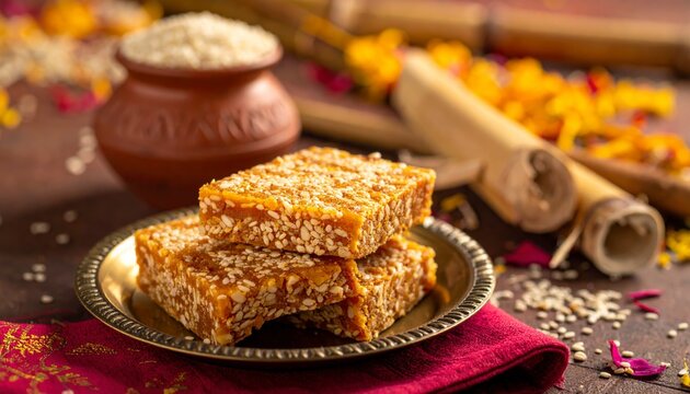 Traditional Indian sesame and jaggery sweet bars (Til Chikki) on a brass plate