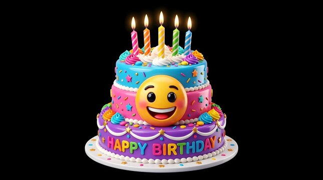 Colorful three- tier birthday cake with happy face emoji and Burning candles isolated on black background.