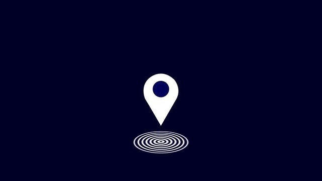 Minimalist map location pin animation with pulsing radar waves on dark background, navigation