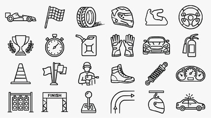 Sleek Black and White Line Set of Racing and Car Maintenance Icons for Sports Auto and Design Projects © Rina
