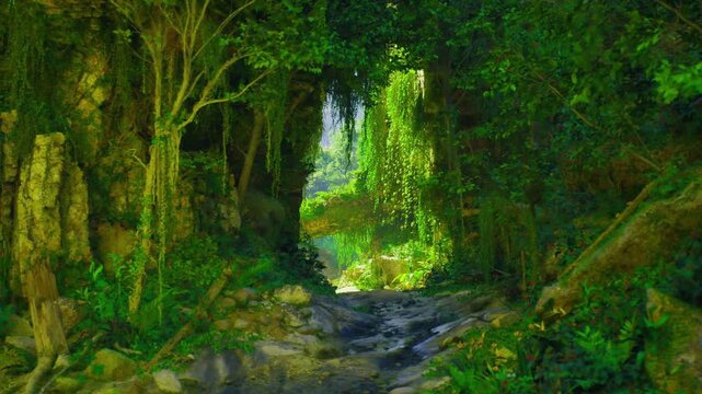 Shaded cave opening revealing bright jungle beyond, mossy rocks and hanging vines frame narrow passage, contrast between cool stone and vivid foliage suggests