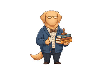 Golden retriever professor holding books png on transparent background