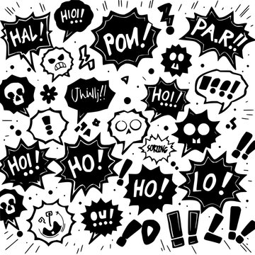 Speech bubbles and symbols set with comic-style illustrations depicting strong emotions and profanity featuring exclamations, skulls, bombs with lightning and punctuation