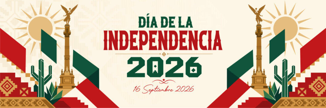 Dia de la Independencia Mexico 2026 Panoramic Landmark Banner. Flat style horizontal panoramic celebration layout for Mexico's Independence Day. Translation: Happy Independence day!