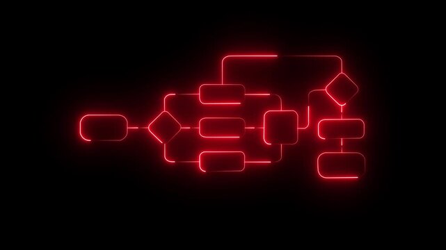 Glowing red neon flowchart diagram animation for business process and data logic visualization
