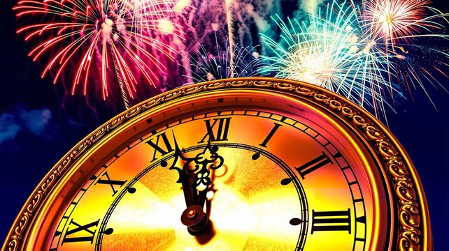 Elegant gold clock face showing midnight with vibrant colorful fireworks exploding in the dark night sky