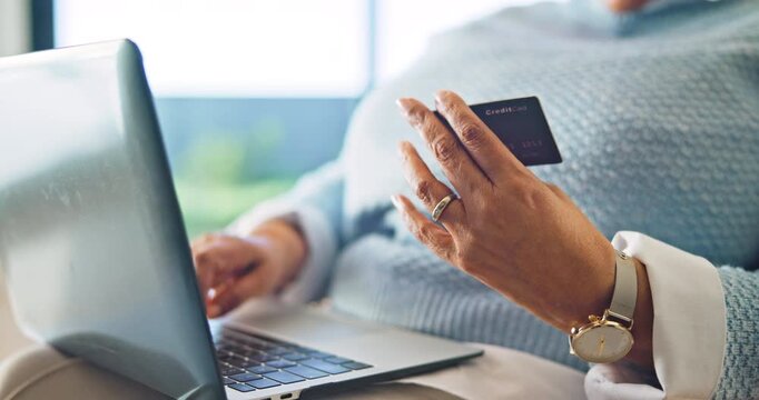 Credit card, old woman or hands in house with laptop, online payment or sales promo in eft transaction. Digital, discount or senior person with tech, remote shopping or cashless order in retirement.