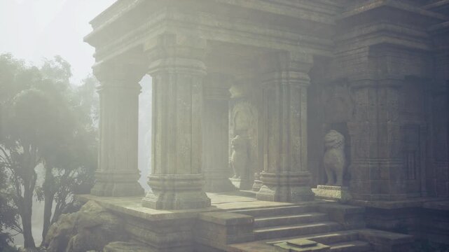 Cloudy corridor with carved stone columns and gentle lighting. Foggy passage framed by detailed sculptures and subdued tones evoking calmness and reverence